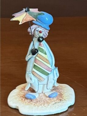 Hand-Painted Pastel Clown Figurine with Umbrella - Blue Accents
